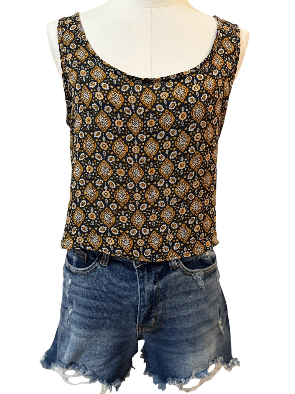 Earthbound Trading Co Geometric Medallion Crop Tank Top Navy Gold Boho S Summer